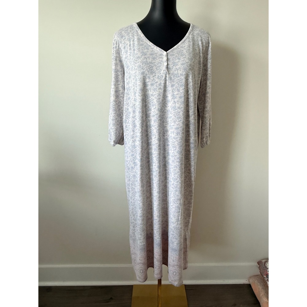J. Jill Womens Blue Floral Henley Nightgown Long Sleeve Cotton Modal Size M